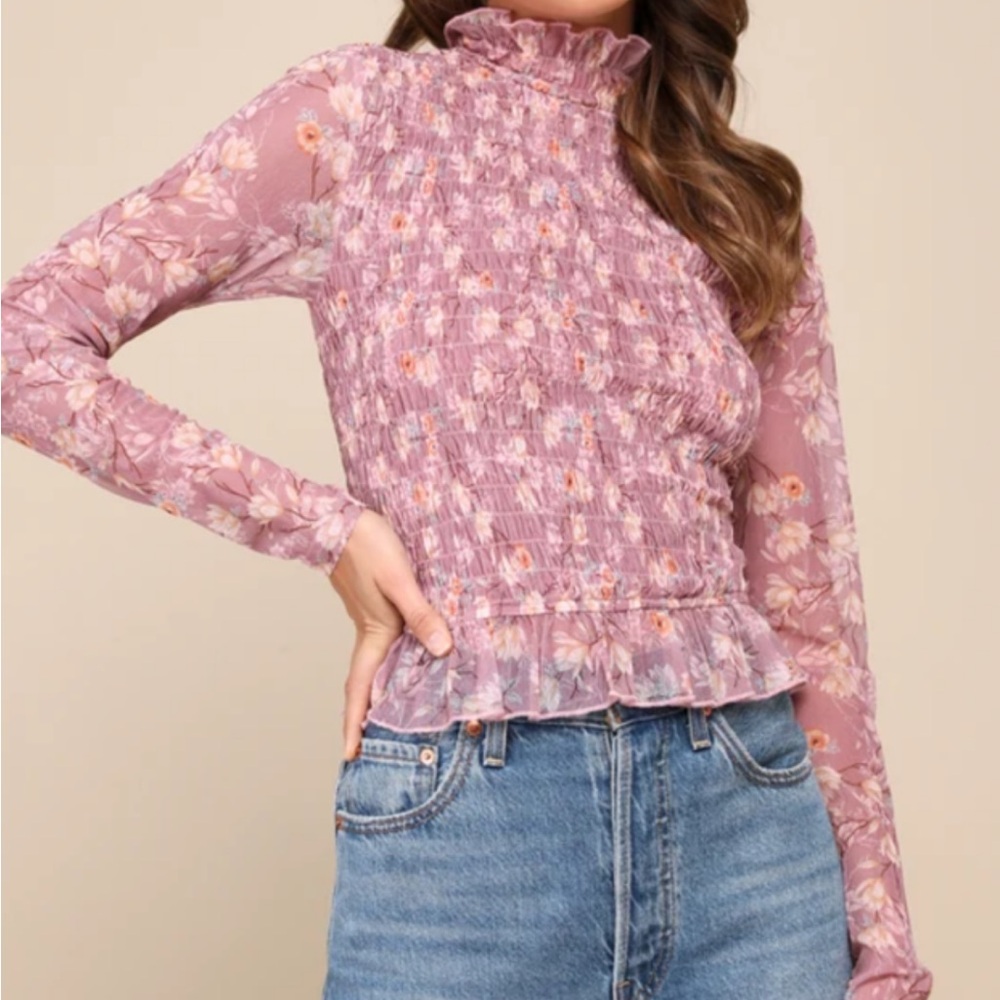 Lulus Sophisticated Blossom Mauve Floral Mesh Smocked Mock Neck Top